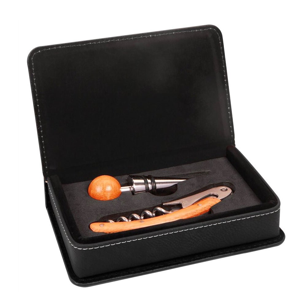 Black/Gold Engravable Leatherette 2-Piece Wine Tool Gift Set