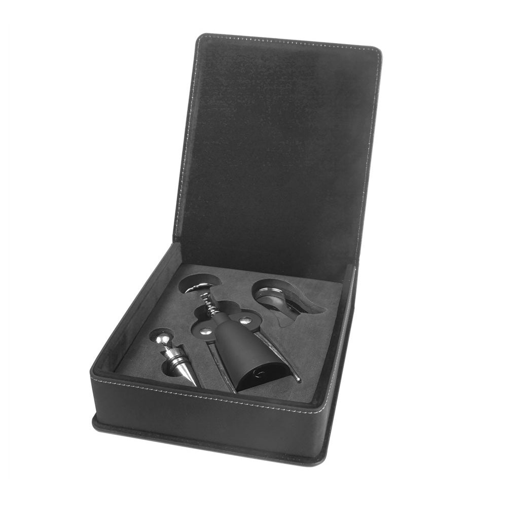 Black/Gold Engravable Leatherette 3-Piece Wine Tool Gift Set