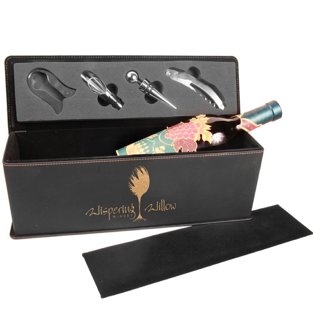 Black/Gold Engravable Leatherette Single Wine Box with Tools