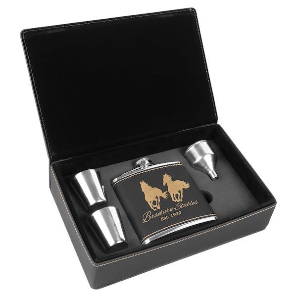 Black/Gold Personalized Leatherette Flask Gift Set