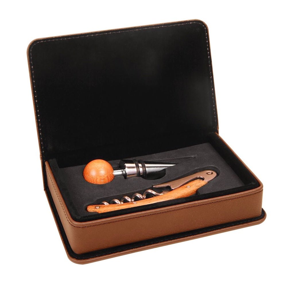 Dark Brown Engravable Leatherette 2-Piece Wine Tool Gift Set