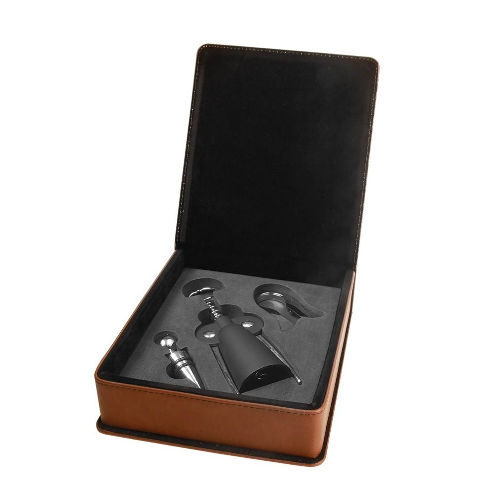 Dark Brown Engravable Leatherette 3-Piece Wine Tool Gift Set