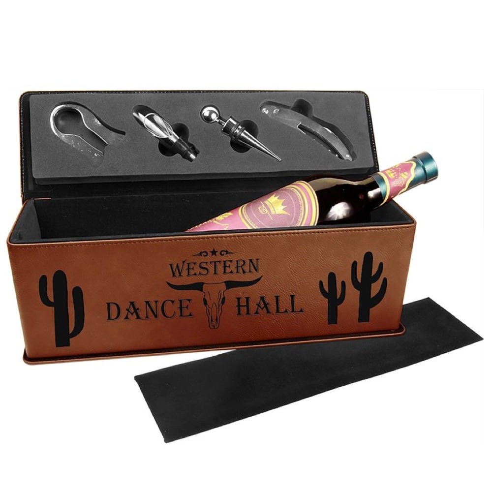 Dark Brown Engravable Leatherette Single Wine Box with Tools