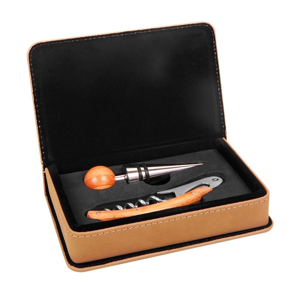Light Brown Engravable Leatherette 2-Piece Wine Tool Gift Set