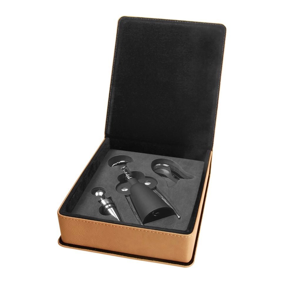 Light Brown Engravable Leatherette 3-Piece Wine Tool Gift Set