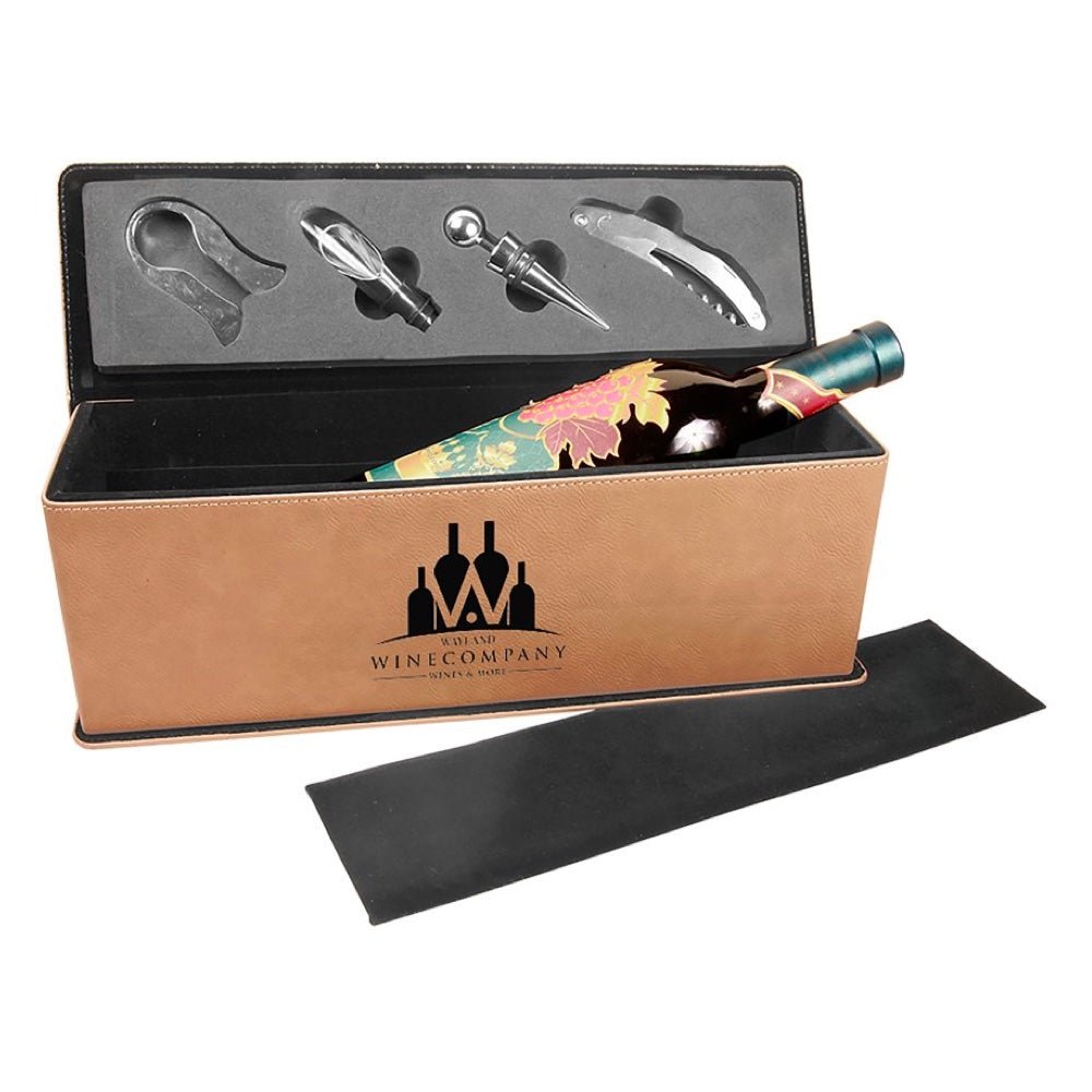 Light Brown Engravable Leatherette Single Wine Box with Tools