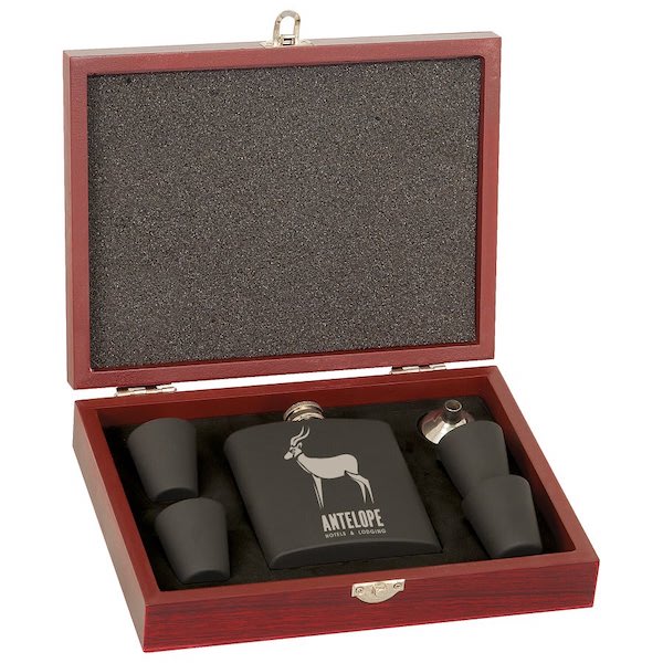 Matte Black Personalized Stainless Steel Flask Set in Wood Presentation Box