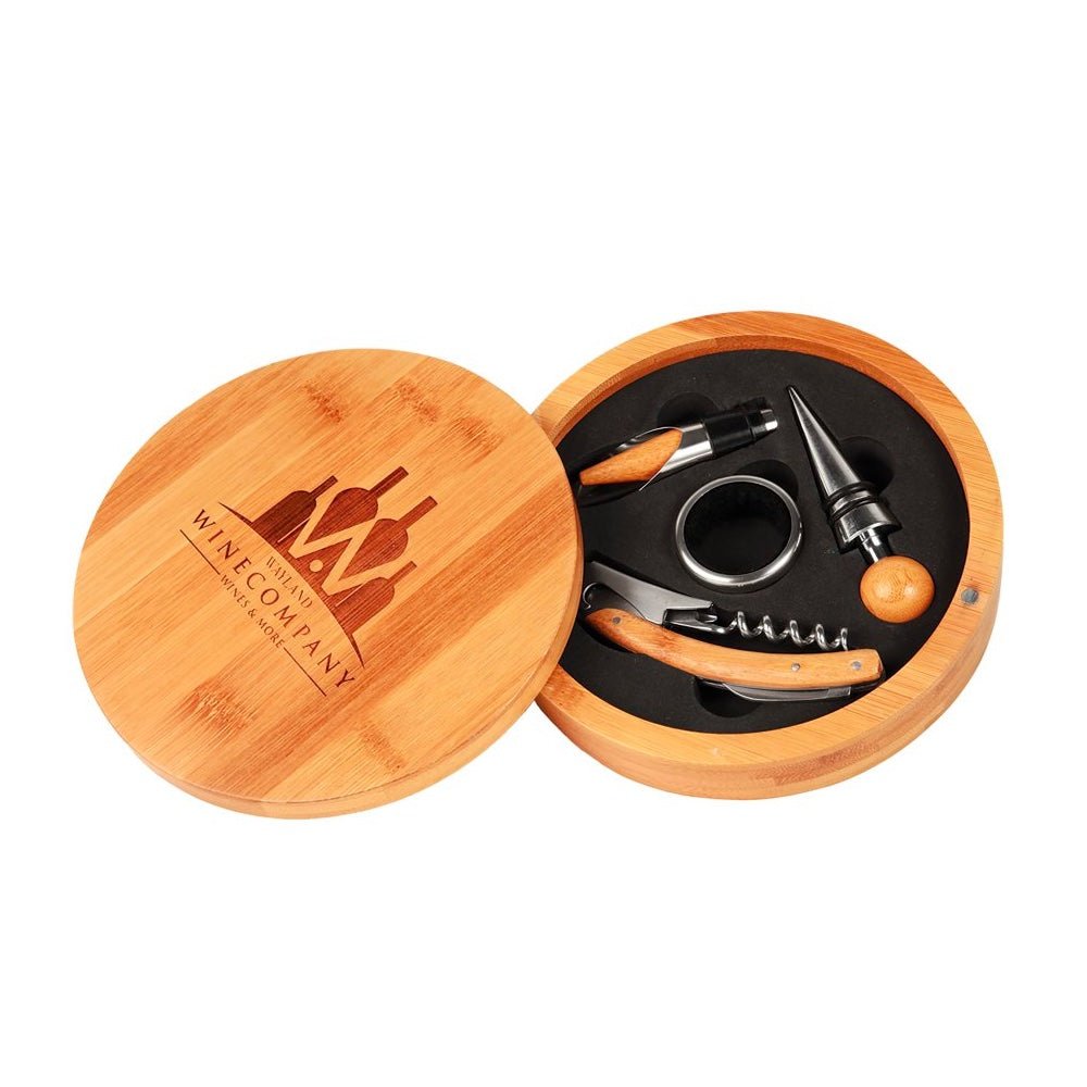 Round Engravable Bamboo 4-Piece Wine Tool Gift Set