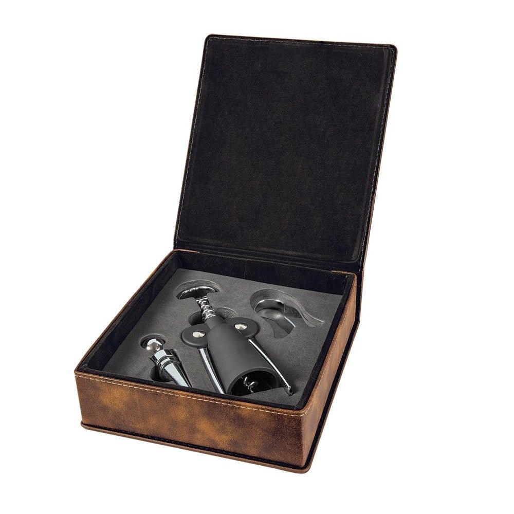 Rustic/Gold Engravable Leatherette 3-Piece Wine Tool Gift Set