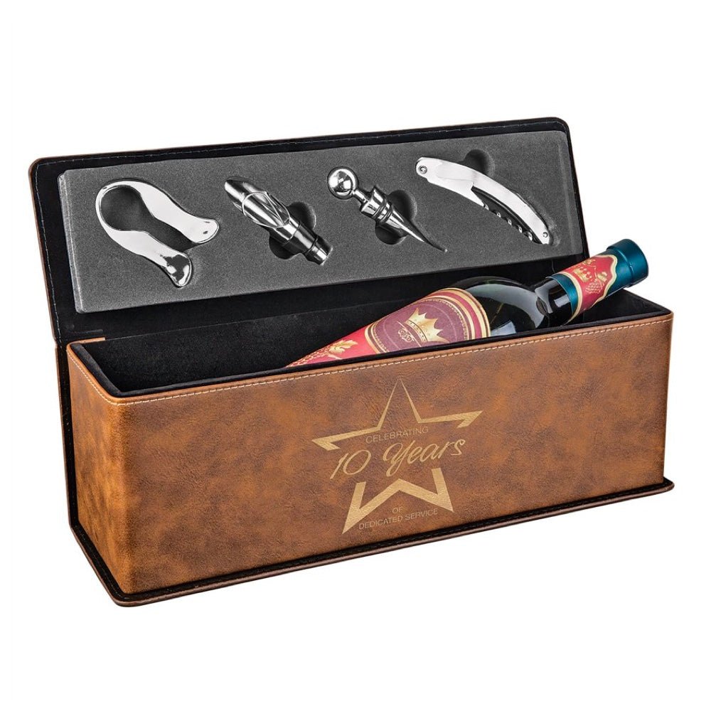 Rustic/Gold Engravable Leatherette Single Wine Box with Tools