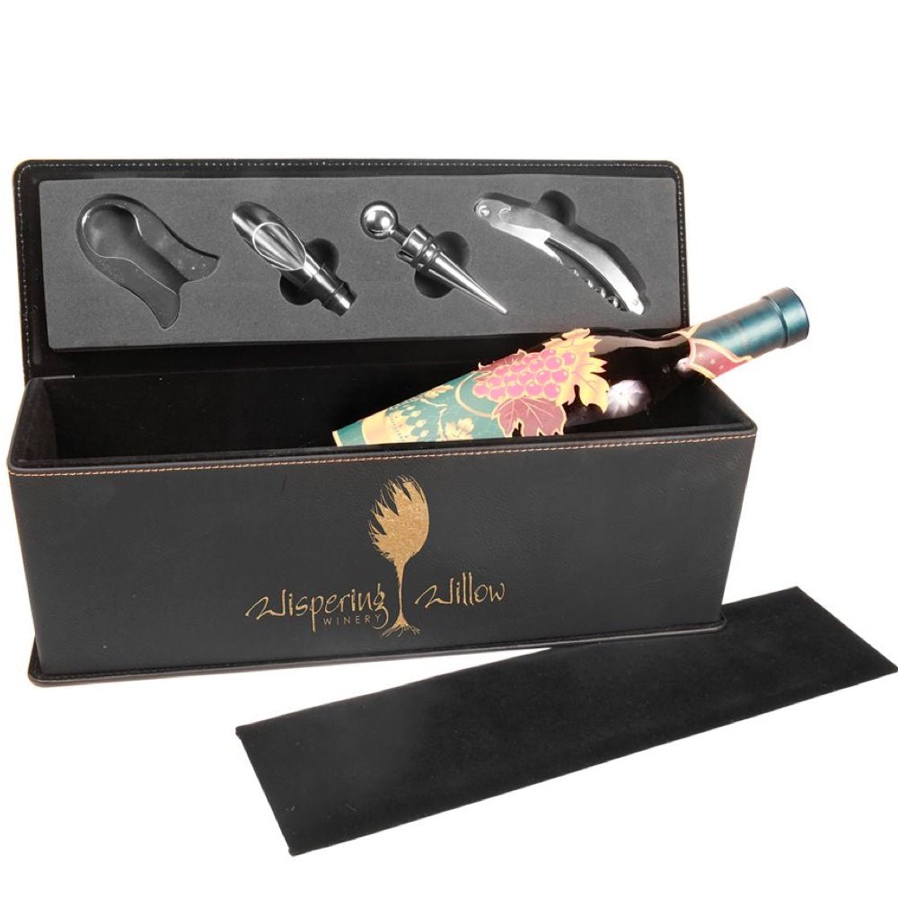 Black/Gold Engravable Leatherette Single Wine Box with Tools  