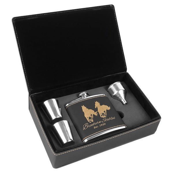 Black/Gold Personalized Leatherette Flask Gift Set  