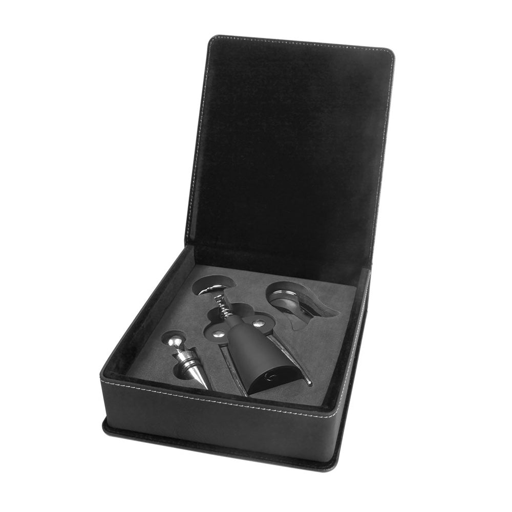 Black/Silver Engravable Leatherette 3-Piece Wine Tool Gift Set  