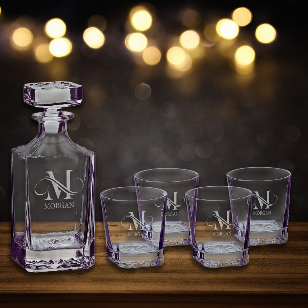 Customizable Square Glass Decanter Set with Four Glasses  