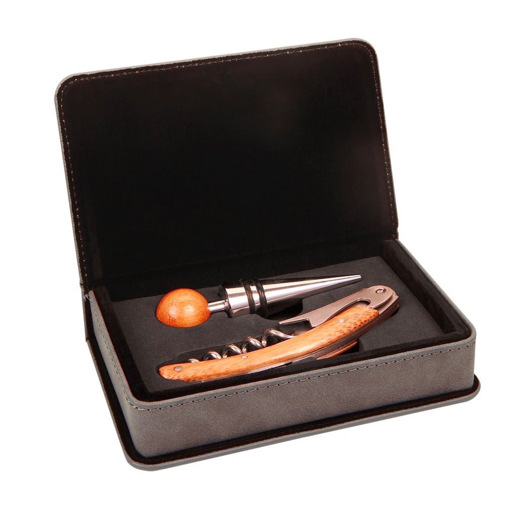Gray Engravable Leatherette 2-Piece Wine Tool Gift Set  