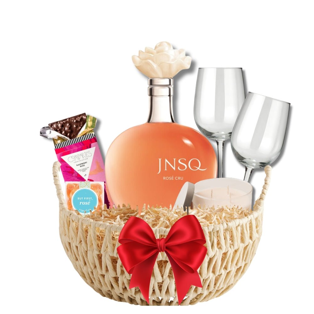 JNSQ Rose Cru Candle, Candy, Chocolate, and Glasses Gift Basket  