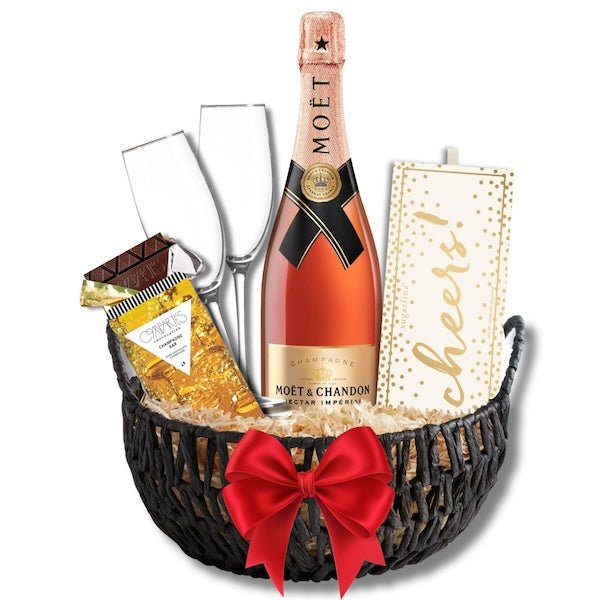Moët & Chandon Champagne Gift Basket with Customizable Flutes and Sweets  